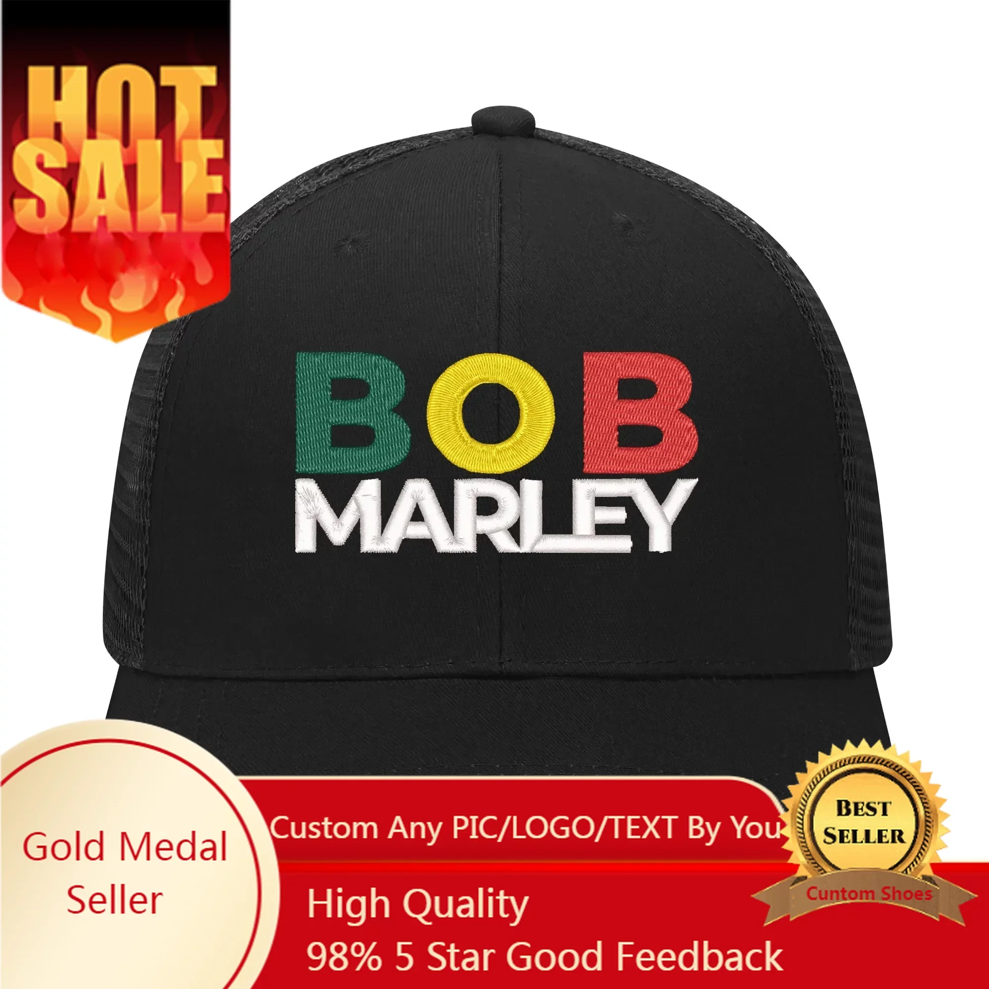 Bob Marley Reggae Rasta Music Singer Embroidery Hat Mens Womens Sports Baseball Hats Hip Hop Mesh Cap Summer Custom Made Caps