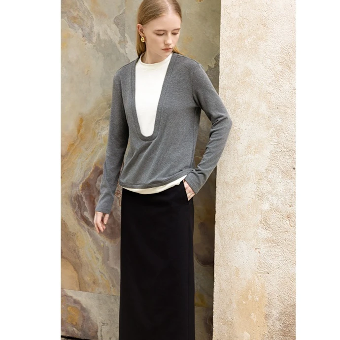 تي شيرت نسائي محبوك مكون من قطعتين وأكمام طويلة، قمصان علوية أنيقة للسيدات