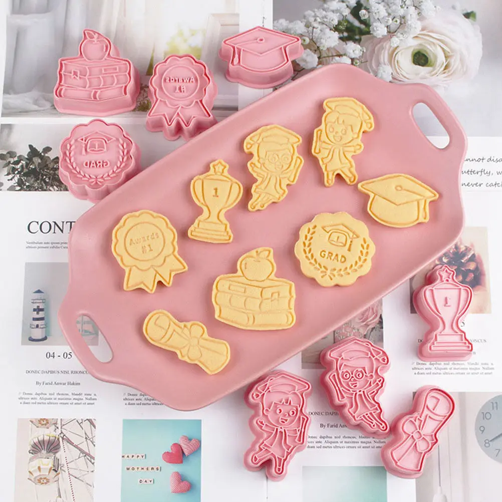 8Pcs Graduation Baking Cookie Molds Reusable Plastic Cutters for Cookies Pancakes Cheese Jellies Crafts Clay Grad Party Supplies