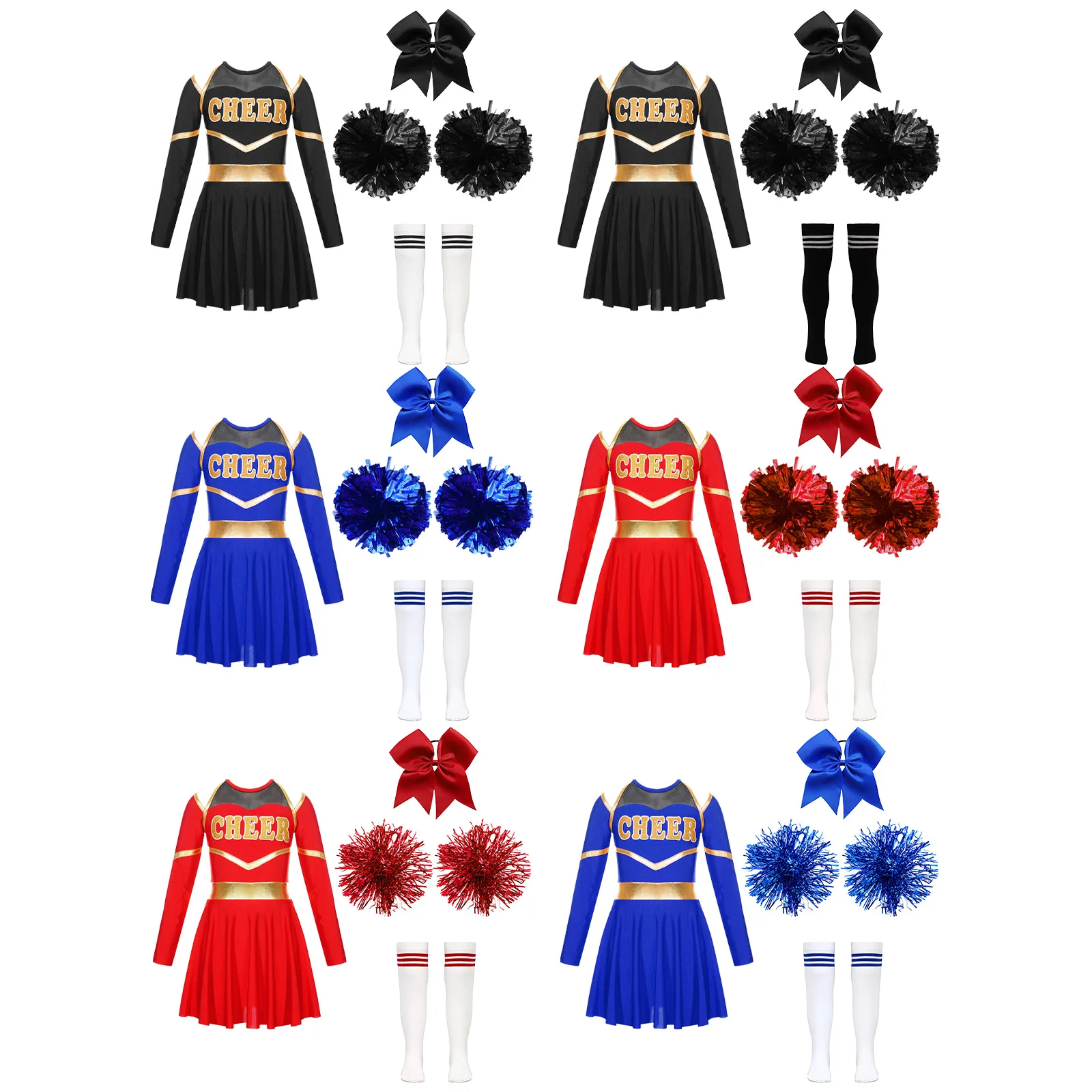 Kids Girls Cheerleading Costumes Uniform Long Sleeves Dance Dress with Hand Flowers Headwear Striped Socks for Stage Performance