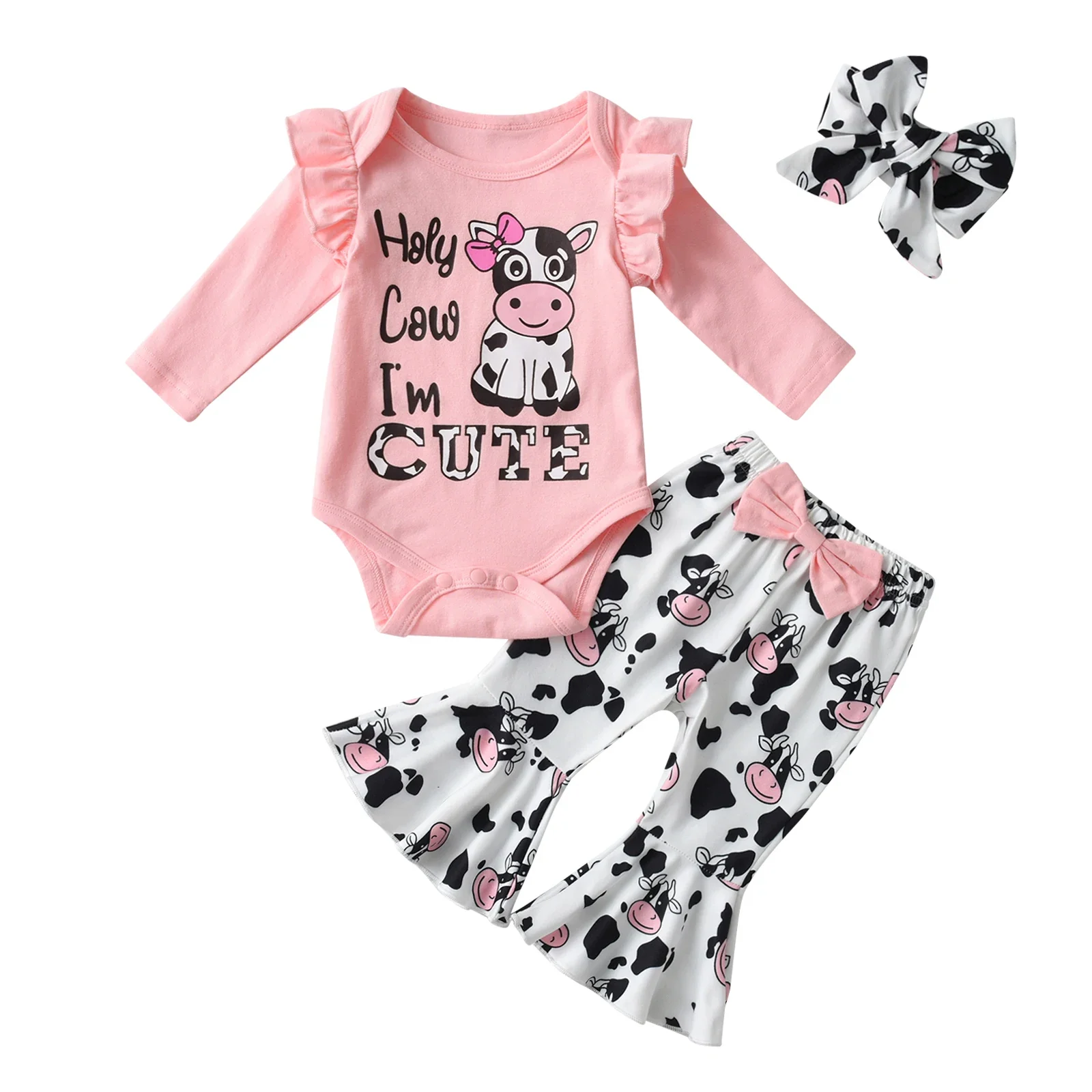 3Pcs Newborn Infant Baby Girls Cute Printed Clothes Set Long Sleeve Romper Top and Flared Pants Headband Spring Autumn Outfits