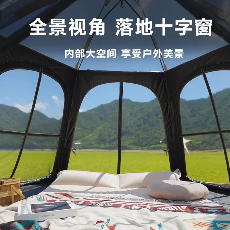 Hexagonal Thickened Vinyl Tent 3-5 Person Portable Folding Outdoor Canopy Two-in-One Camping Shelter Heavy Rain Protection