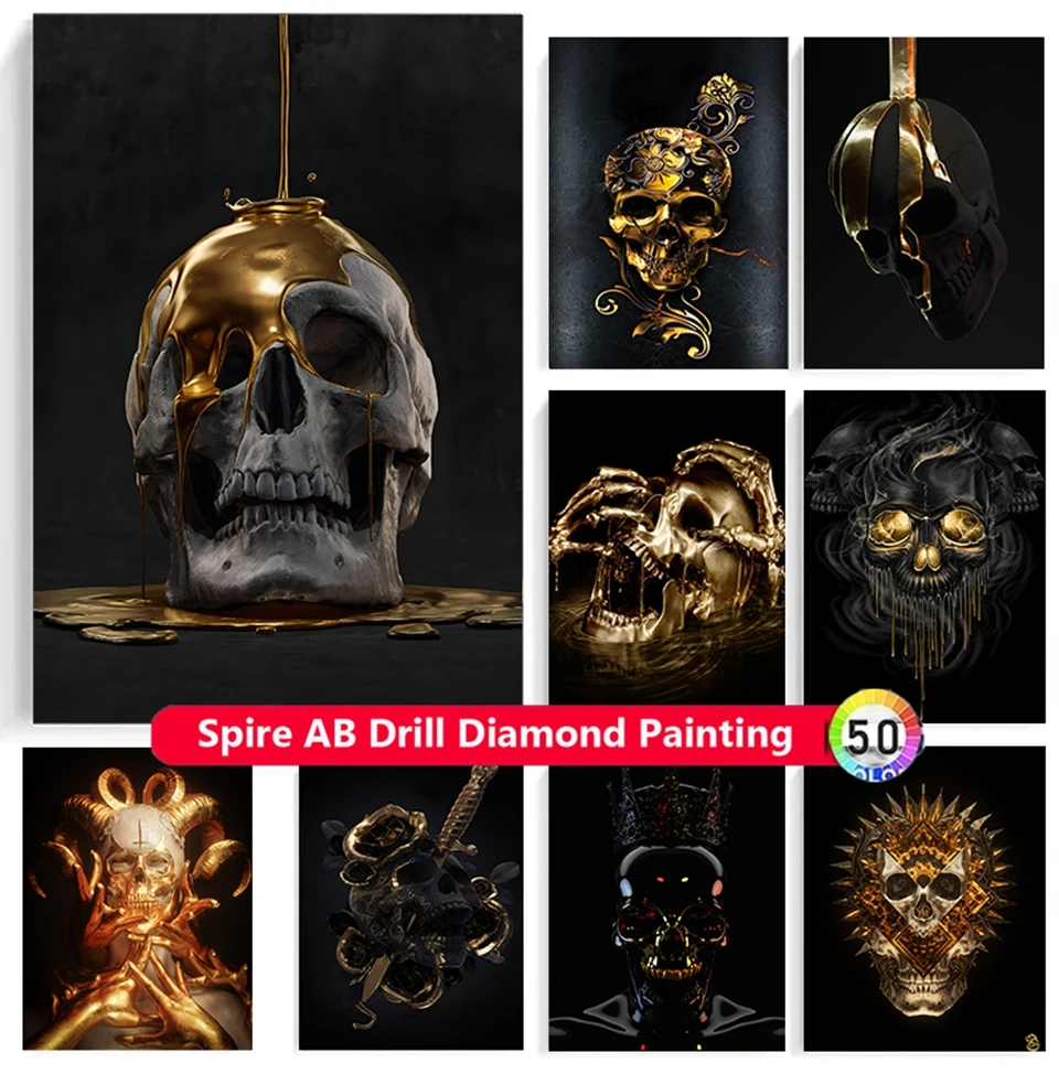 Abstract Metal Skull Statue AB Diamond Painting Embroidery Golden Picture DIY Cross Stitch Kit Mosaic Handicraft Home Decor Gift