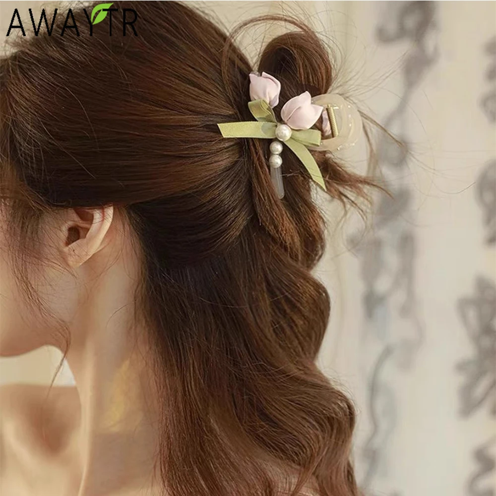 AWAYTR Pearl Floral Bud Hair Claws Farbic Flower Hair Clips Crab For Women Girl Gift Hair Accessories Valentine Headwear