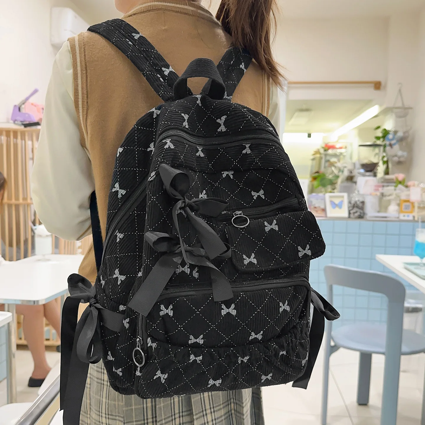 Corduroy schoolbag for girls with contrasting colors, cute bow, large-capacity travel backpack, kawaii