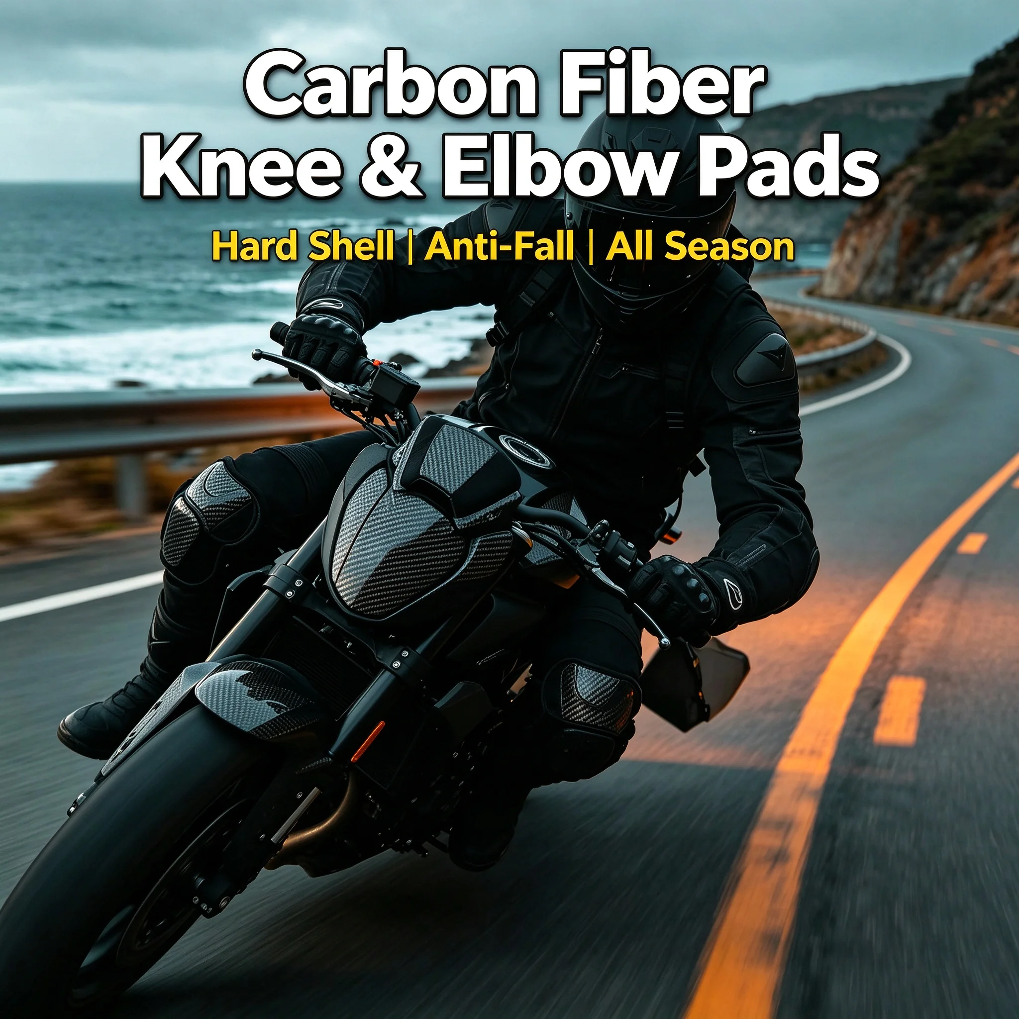 Carbon Fiber Motorcycle Knee & Elbow Pads Hard Shell Anti-Fall All Season Protective Guards Breathable Motorbike Riding Men
