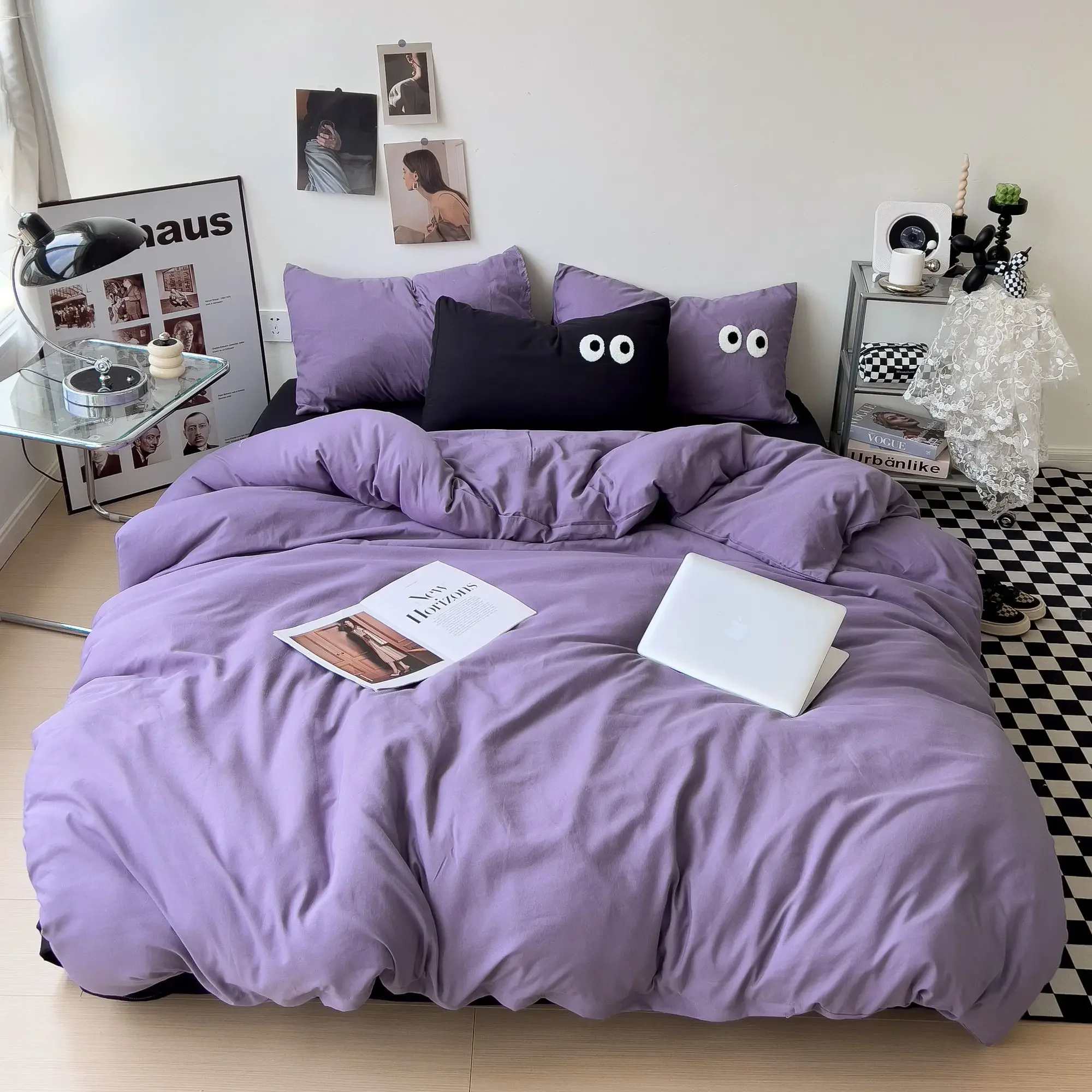 Ins Style Big Eyes Duvet Cover No Filling Double Mix Color Flat Sheet Pillowcases Washed Cotton Embroidery Queen Bedding Set