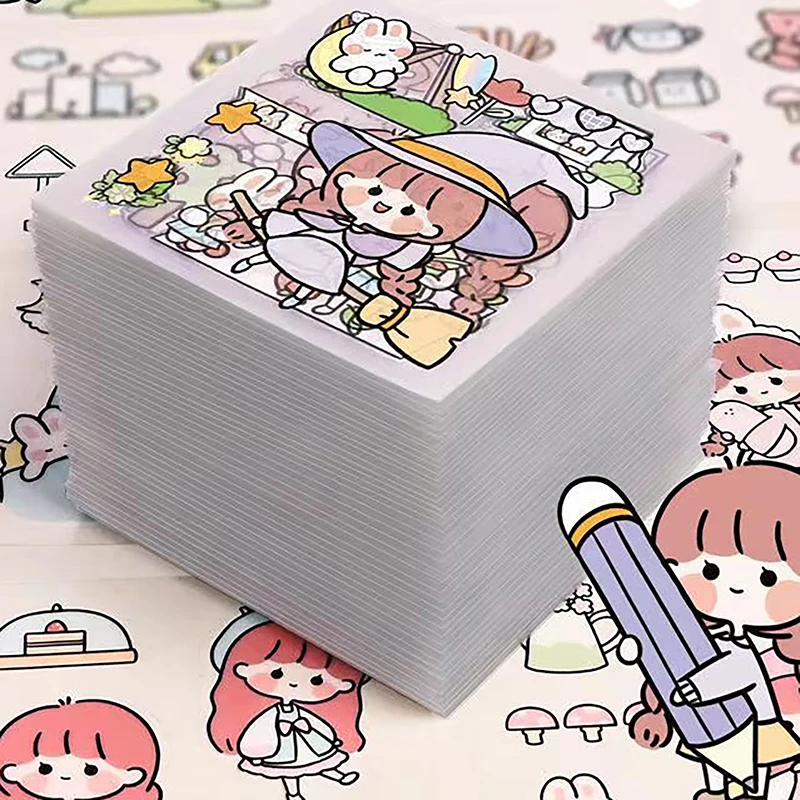 50Pcs of Non-repetitive PET Waterproof Cute Ledger Stickers Cut-free Stickers for Students and Girls Anime Stickers