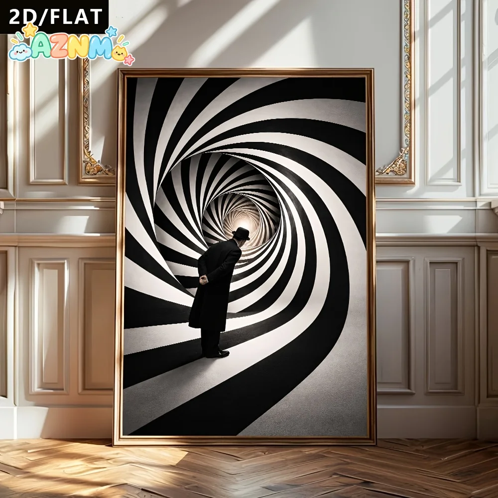 2D Flat, 2D/Flat 1pc Black And White Spiral Tunnel Character Decoration Painting, Modern Abstract Art Poster, Suitable for Ha