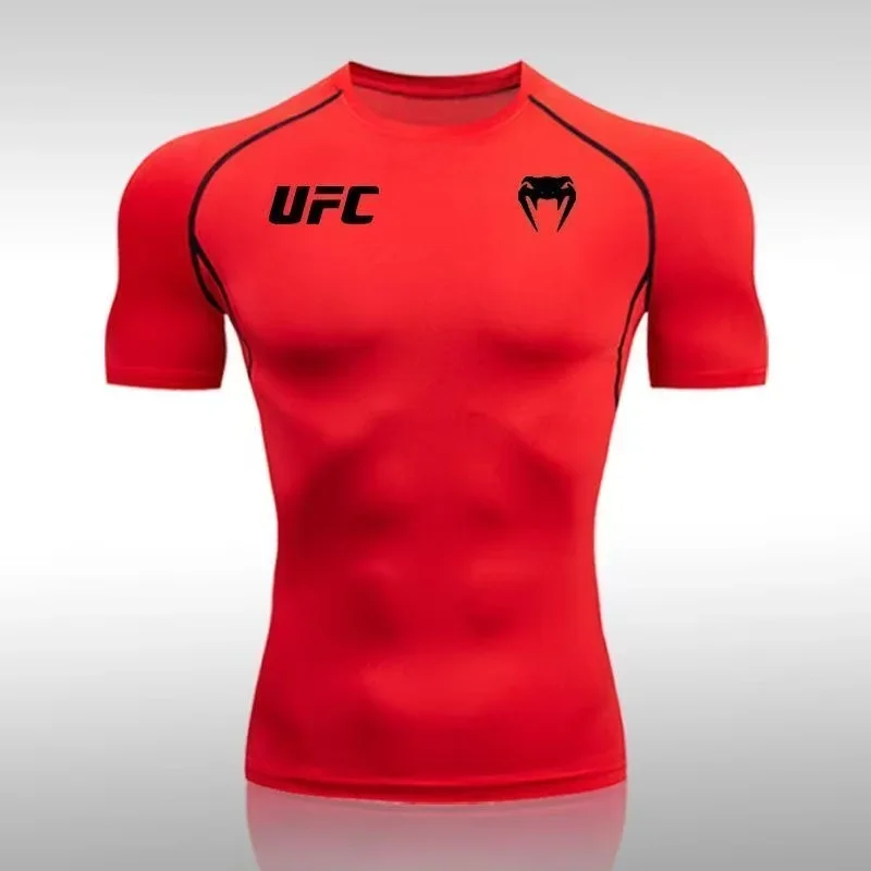압박 티셔츠 남성용 빠른 건조 반팔 여름 피트니스 러닝 셔츠 타이트 핏 탑 UFC 프린트 남성용 트레이닝