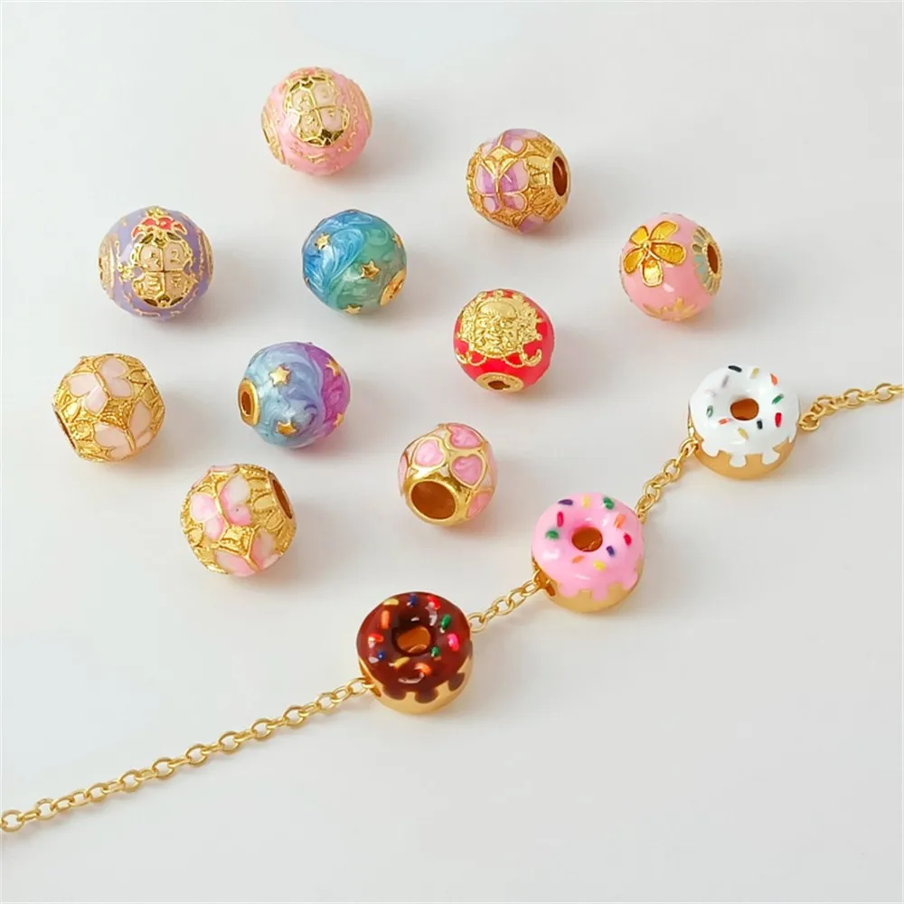 18K Ancient Vietnamese Sand Gold Fired Blue Relief Enamel Round Bead Diy Donut Accessory Bracelet Necklace