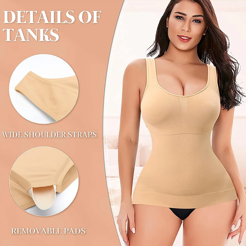 Camisola regata clássica 2 em 1 com sutiã acolchoado para mulheres, controle de barriga, elástico alto, colete de trincheira, shaper do corpo, slim