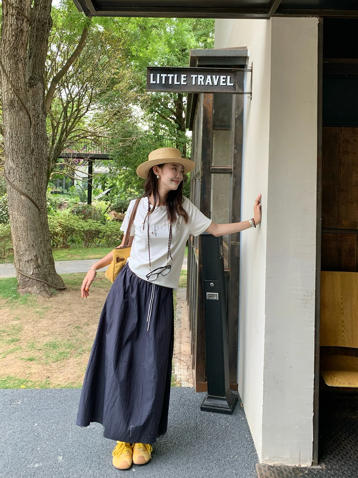 

High Waist Midi Skirt Women's A-Line Slimming Blue Fro Korean Sle Commute Elastic Waist Dstring Summer New Arrival