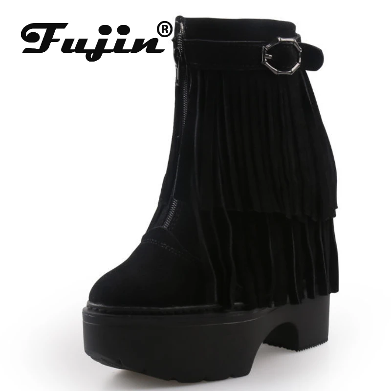 Fujin 15cm Women Boots Cow Suede Genuine Leather Ladies Platform Wedge Knee High Autumn Spring Shoes Women Ankle Boots Booties