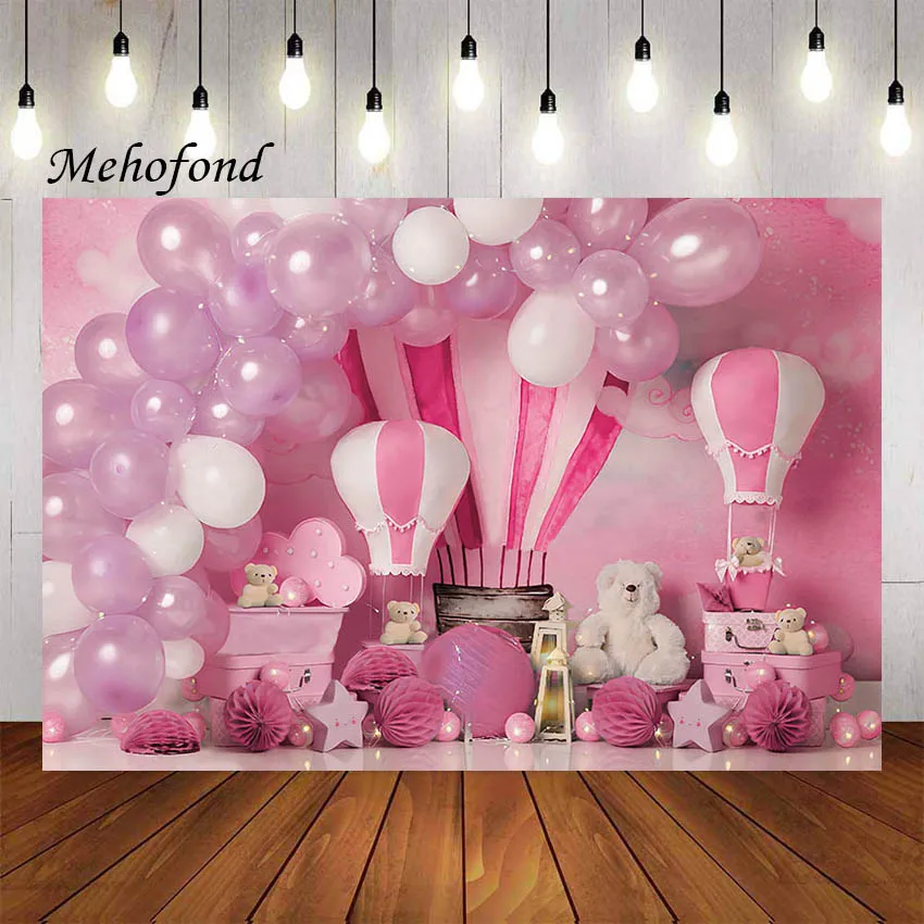 Mehofond-写真の背景,青いホットエアバルーン,男の子のためのテディベア,1歳の誕生日パーティーの写真の背景,スタジオアクセサリー