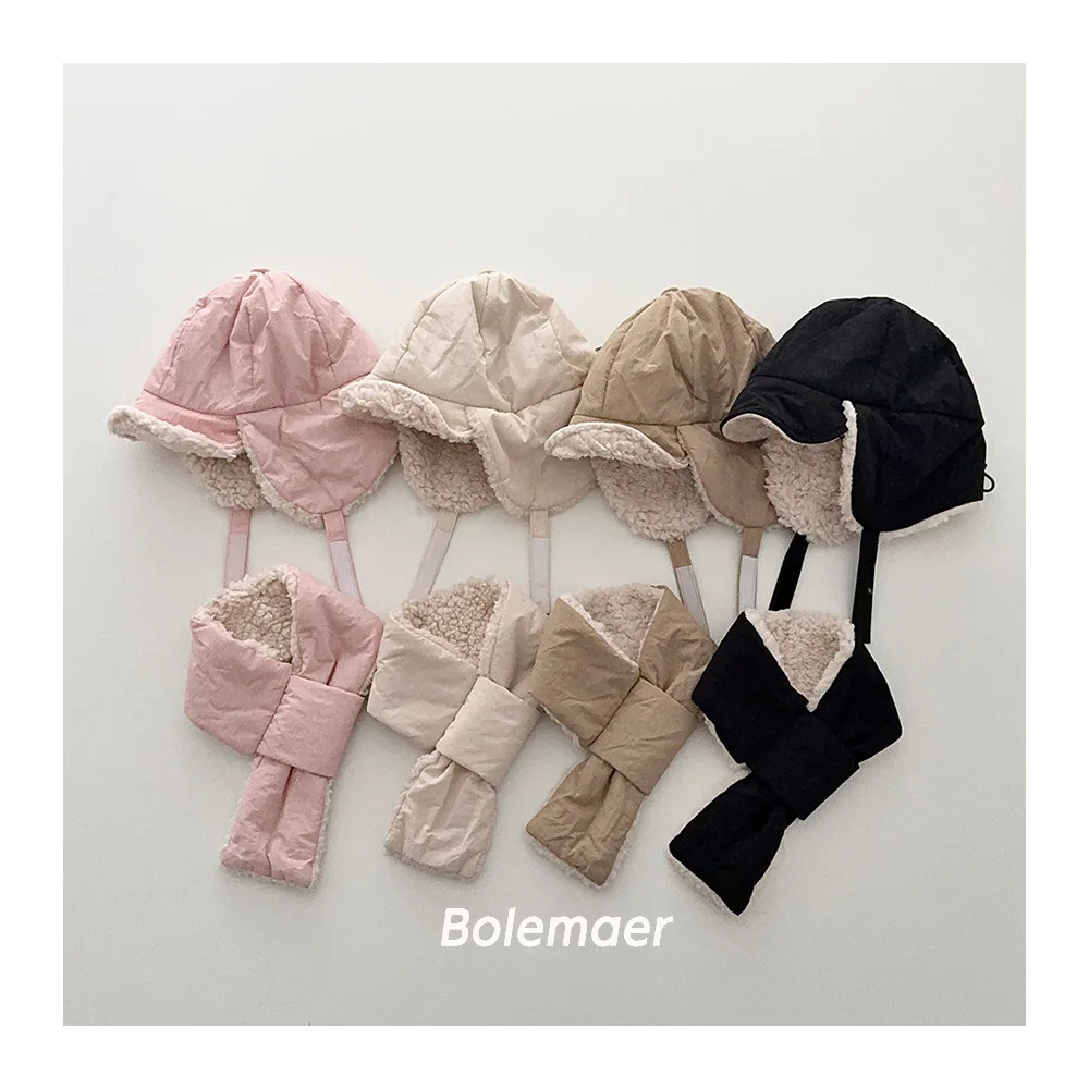 Winter Thickened Plush Kids Hats with Scarf Set 2pcs Winter Children's Hat Ear Neck Protection Hat Scarf Set Kids Accessories