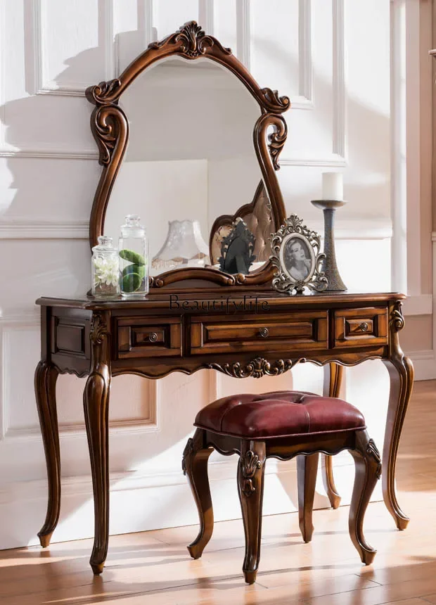 

yj7 American-style Dressing Table All Solid Wood European-style Small Apartment retro Bedroom Makeup Table