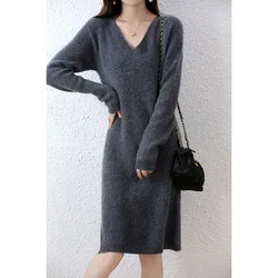 Womens Elegant Cashmere Sweater Dresses 100% Merino Wool Sexy V-Neck Casual Knitted Skirt Fall Winter Ladies Black Dress Clothes