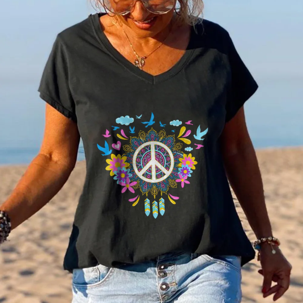 

Rheaclots Women's Peace And Love Floral Graphic Tees Printed Hippie T-Shirt