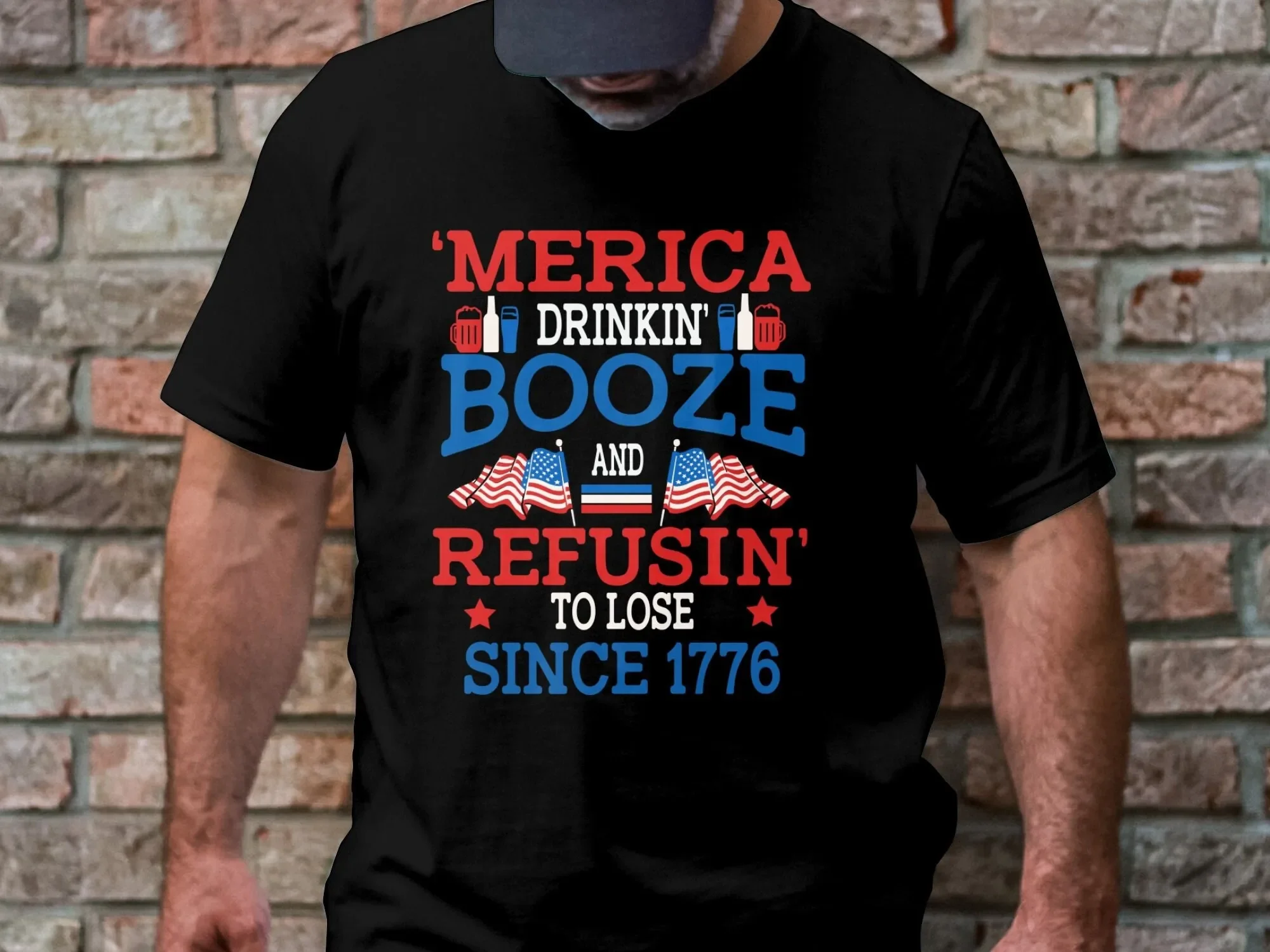 Merica Drinkin Booze Refusin To Lose Since 1776 T Shirt Patriotic American Flag Funny Usa Drinking July 4Th Independence Day