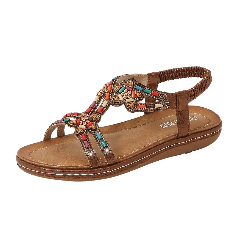 

Women Rhinestone Bohemian Summer Sandals Round Toe Elastic Band Flat Sandals Lady Office Daily Outdoor Comfortable Rome Sandals