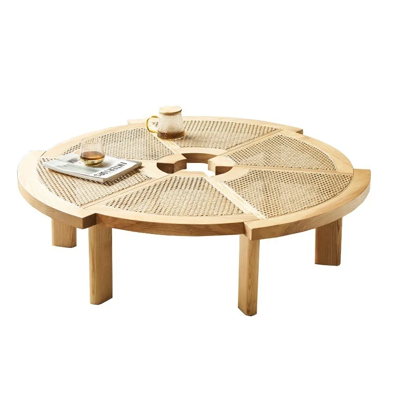 Nordic solid wood rattan round coffee table, creative and personalized Japanese rattan surface small tea table