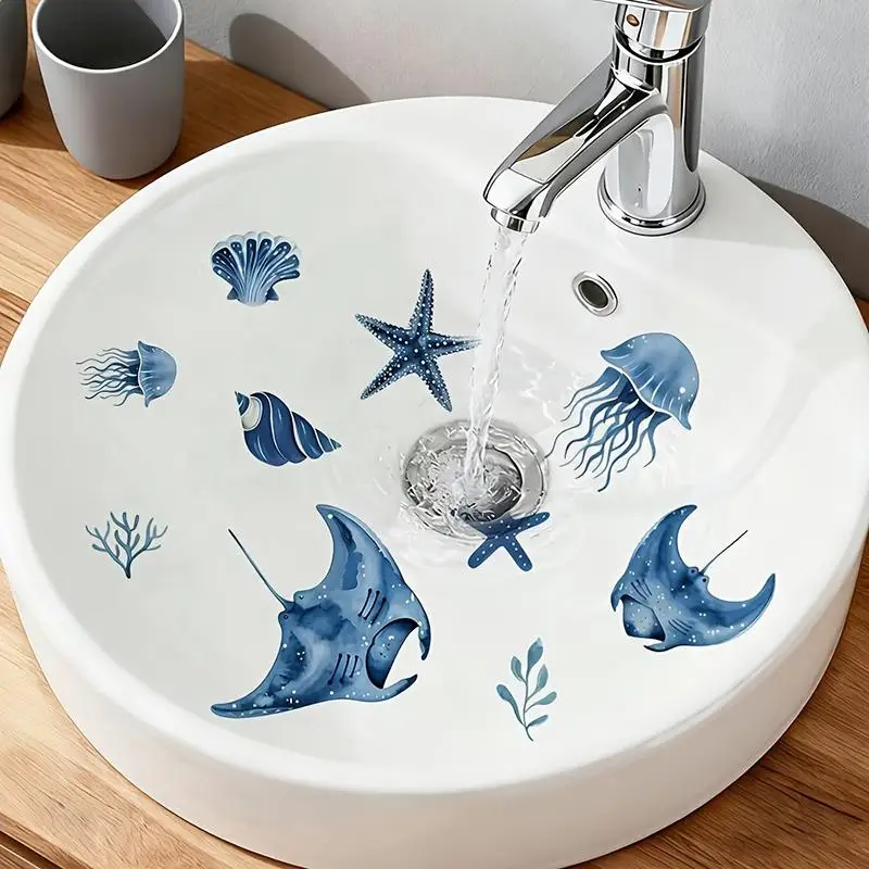 Blue Tone Marine Life Glass Sticker Bathroom Sink Decorative Decal Wall Sticker Self-Adhesive Removable Home Decoration