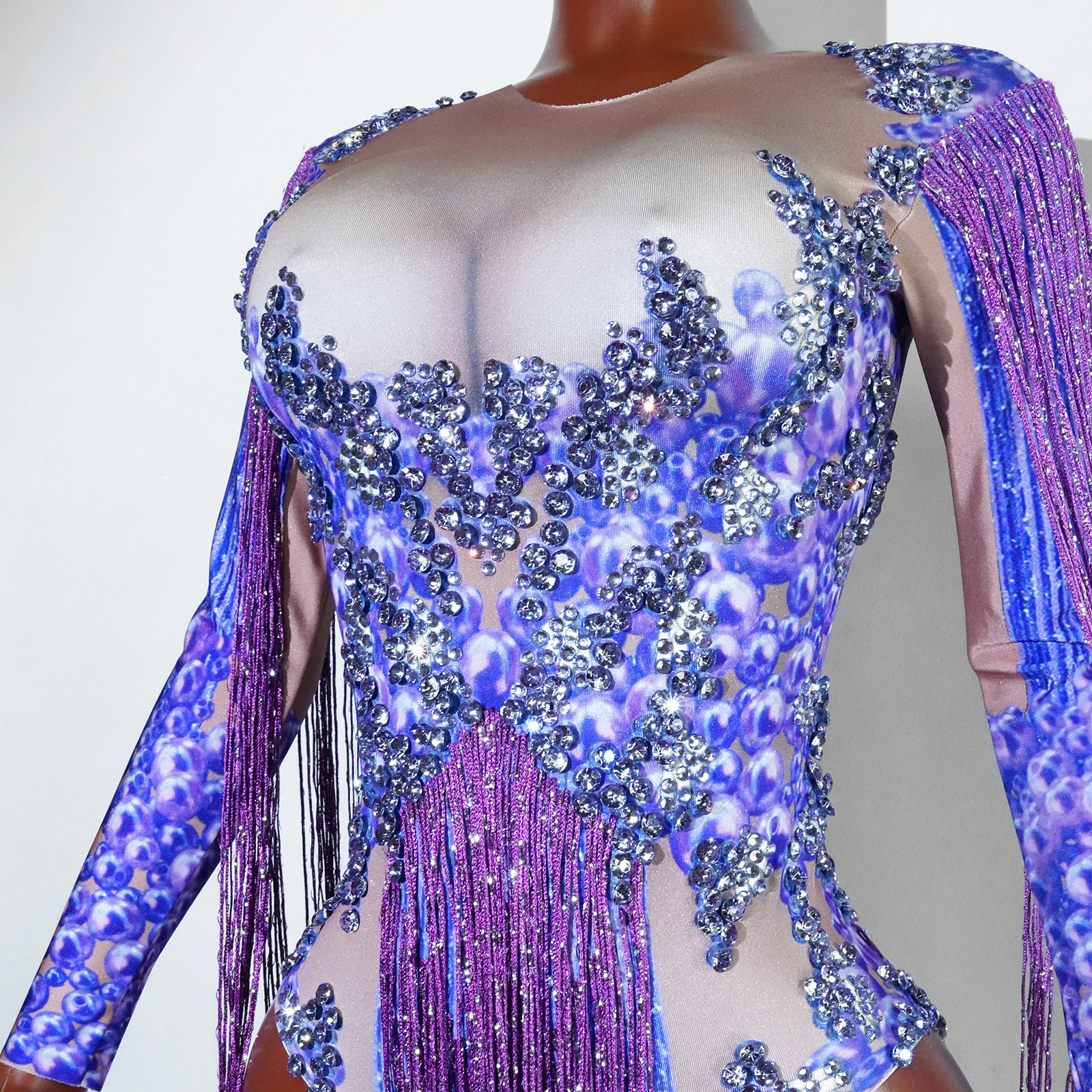 Sparkli Purple Rhinestone Fringed party night Leotard Bodysuit Birthday Party Dance Costume Singer Drag Queen Performance dress
