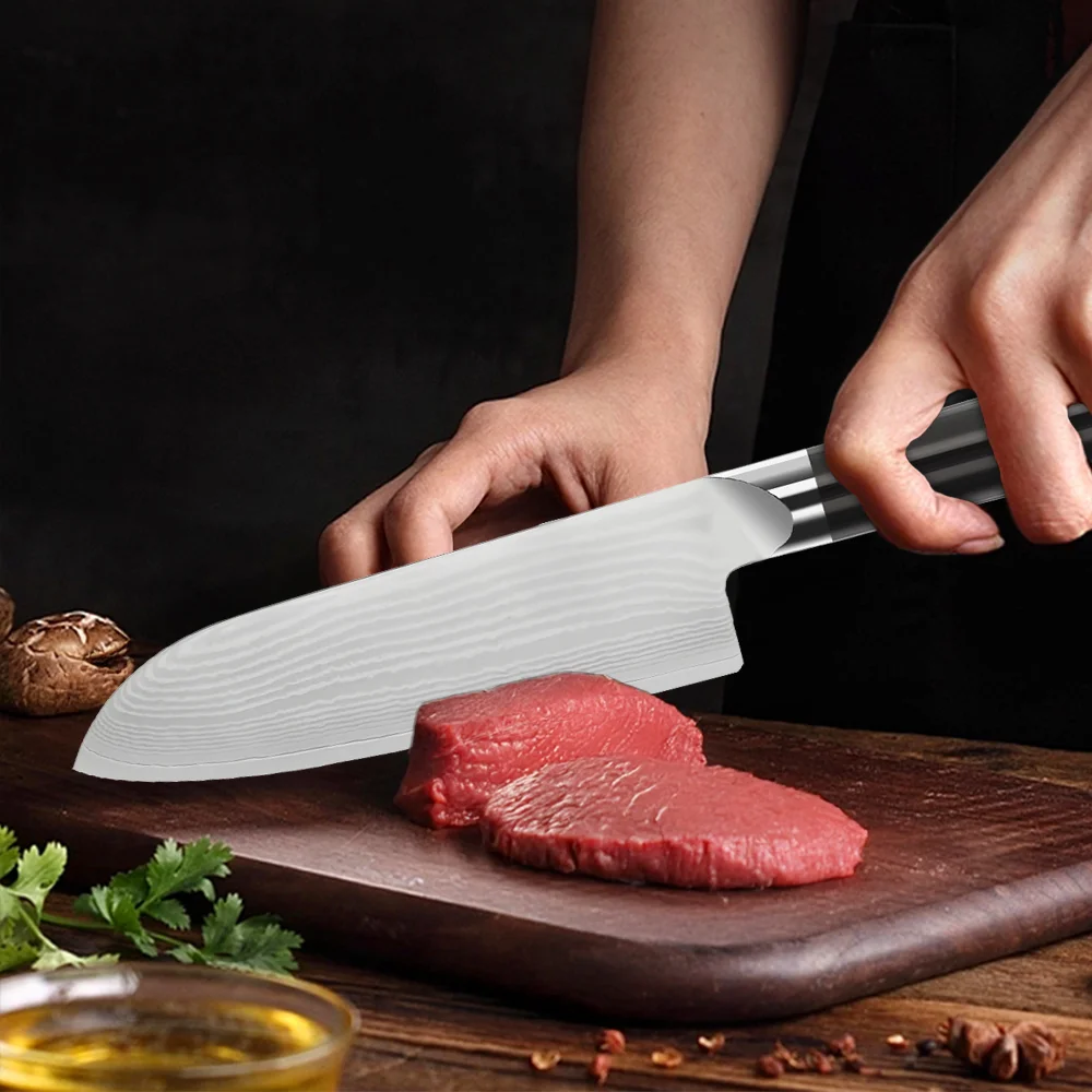 Santoku-Messer, ultrascharfes Kochmesser aus Damaststahl VG10, multifunktionales Profi-Küchenmesser zum Hacken von Fleisch und Fisch – Detail 2