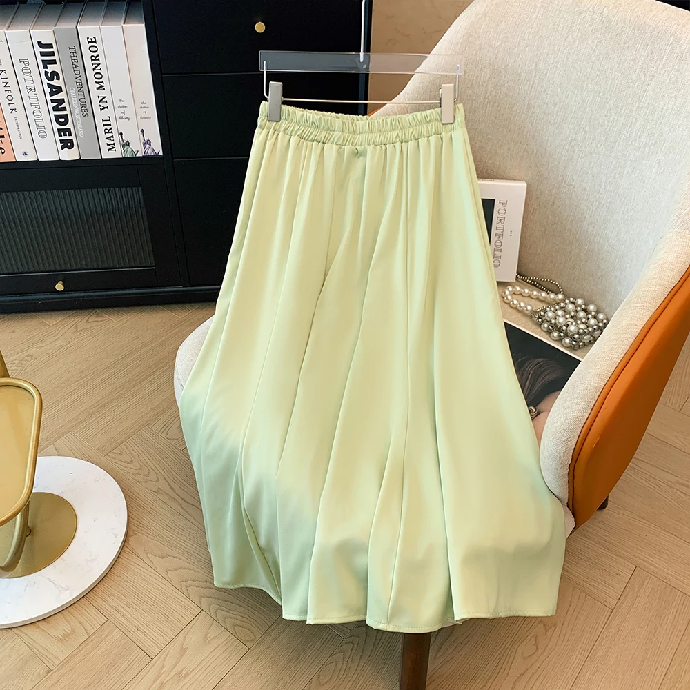 Spring and autumn plus size women's casual solid color skirt chiffon fabric loose comfortable commuter skirt elastic waist 2024