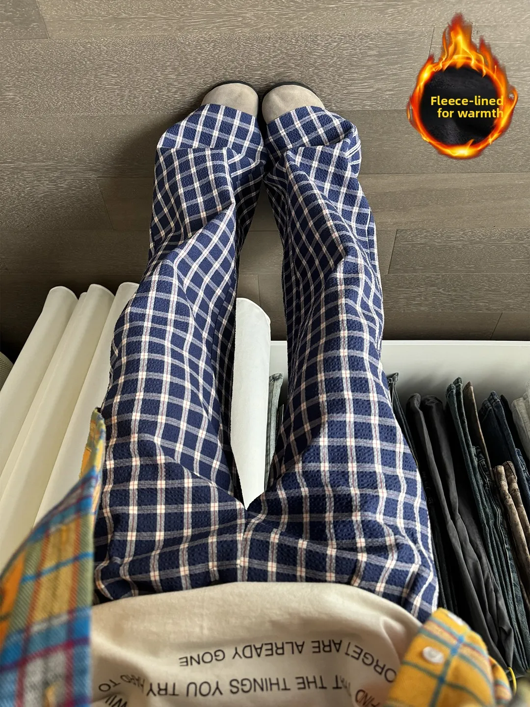 

Blue Fce Lined Plaid Pants Men's Winter Loose Lazy Draped Thi Straight Leg Trousers Cleanfit Wide Leg Pants