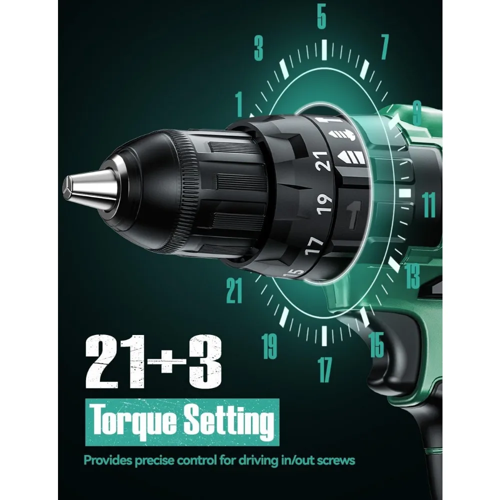 20Vコードレスハンマードリルセット、バッテリー2個付き、トルク350インチポンド、3/8インチキーレスチャック、コンクリートと木材用ビット14個付き