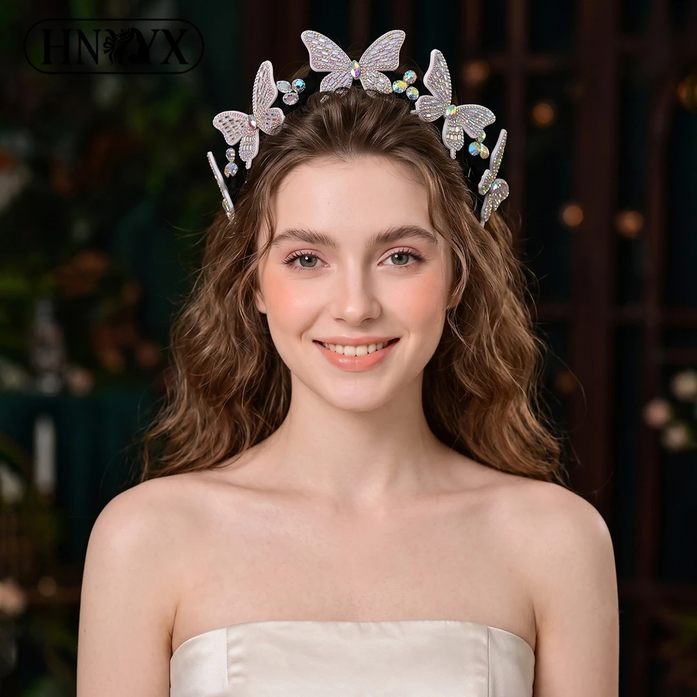 HNYYX Luxury AB Rhinestone Butterfly Non Slip Teeth Headband Women Bridal Wedding Prom Party Daily Crystal Hair Accessories A447