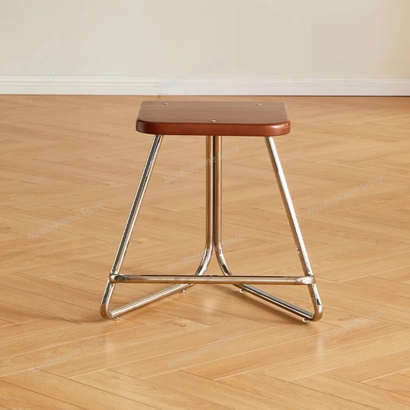 Retro Triangular Solid Wood Dining Stool, Stool and Coffee Table, Simple Stainless Steel Home Bar Stool