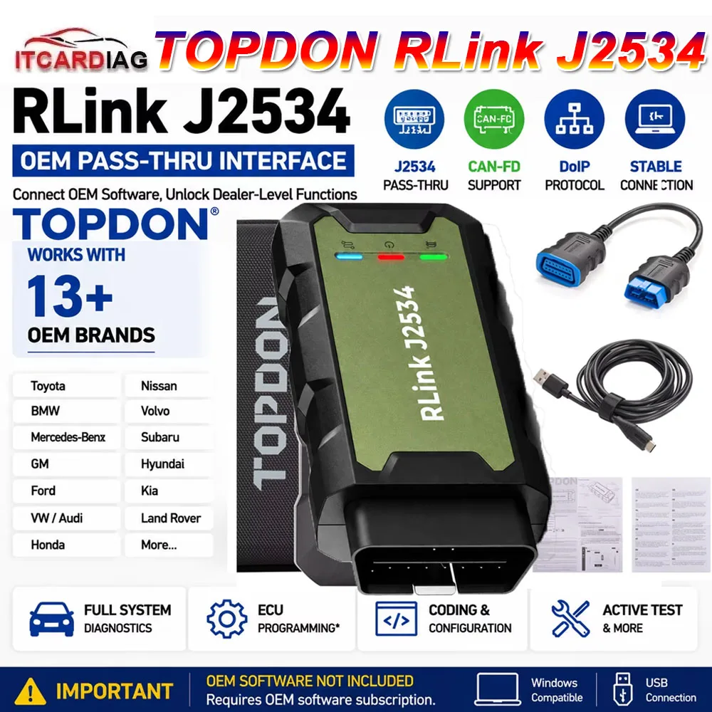 Topdon Rlink J2534 Support CAN FD and DoIP Protocol Pass-Thru VCI OEM Reprogramming Diagnostic Tool Compatible with 13+ Vehicles