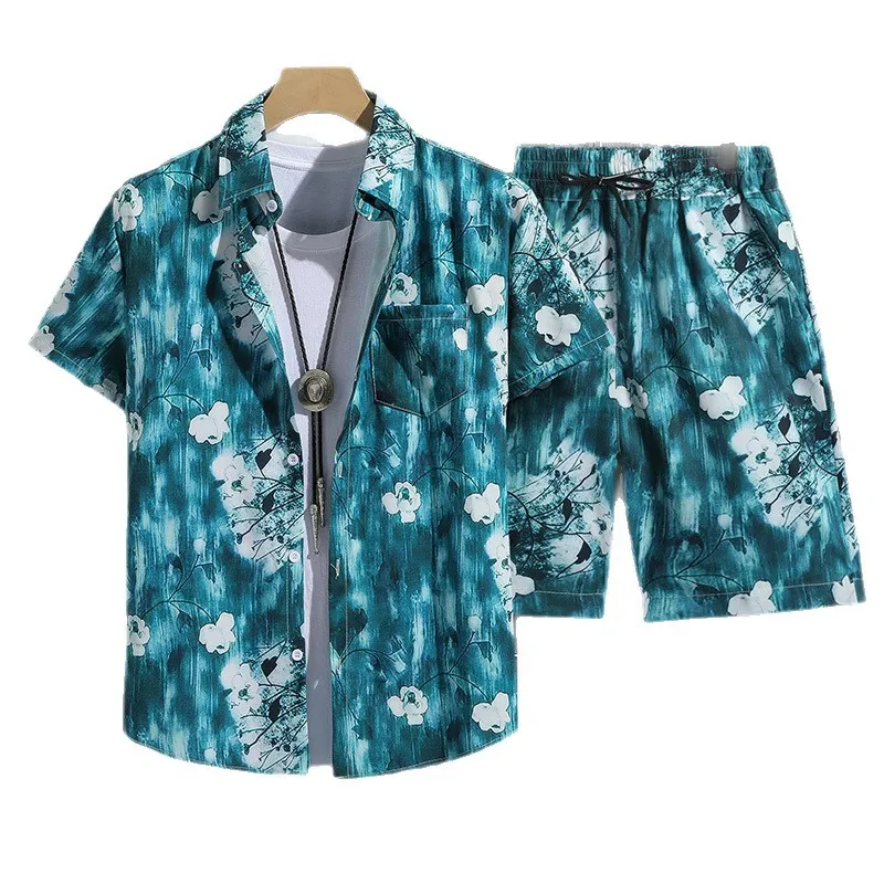 Cartoon Novelty Funny flowers colorful cartoon 3D Print shirt +Shorts Short Sleeve Flip collar shirts half pants Two Piece Set