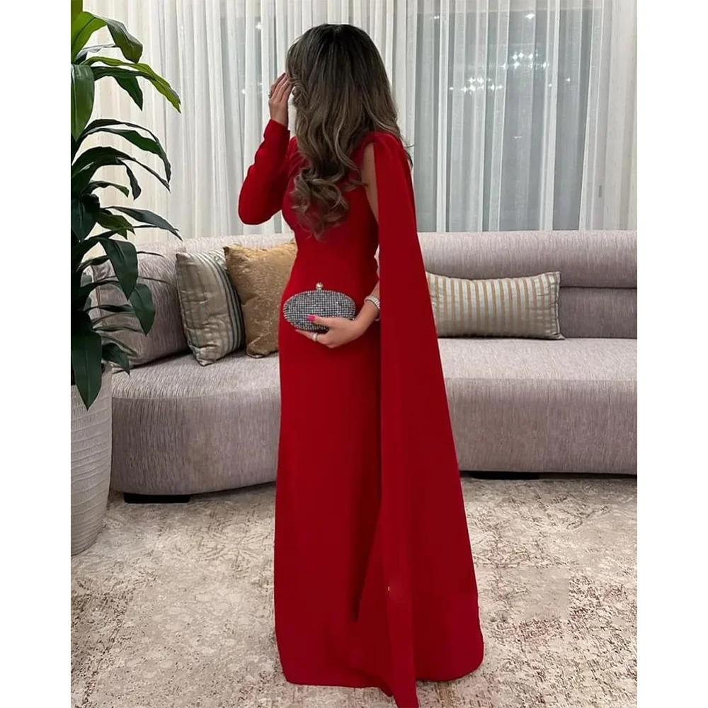 

Red Evening Dress O-Neck Long Sleeves Evening Gowns Pleated Mermaid Floor Length Elegant Formal Party Dresses Customized