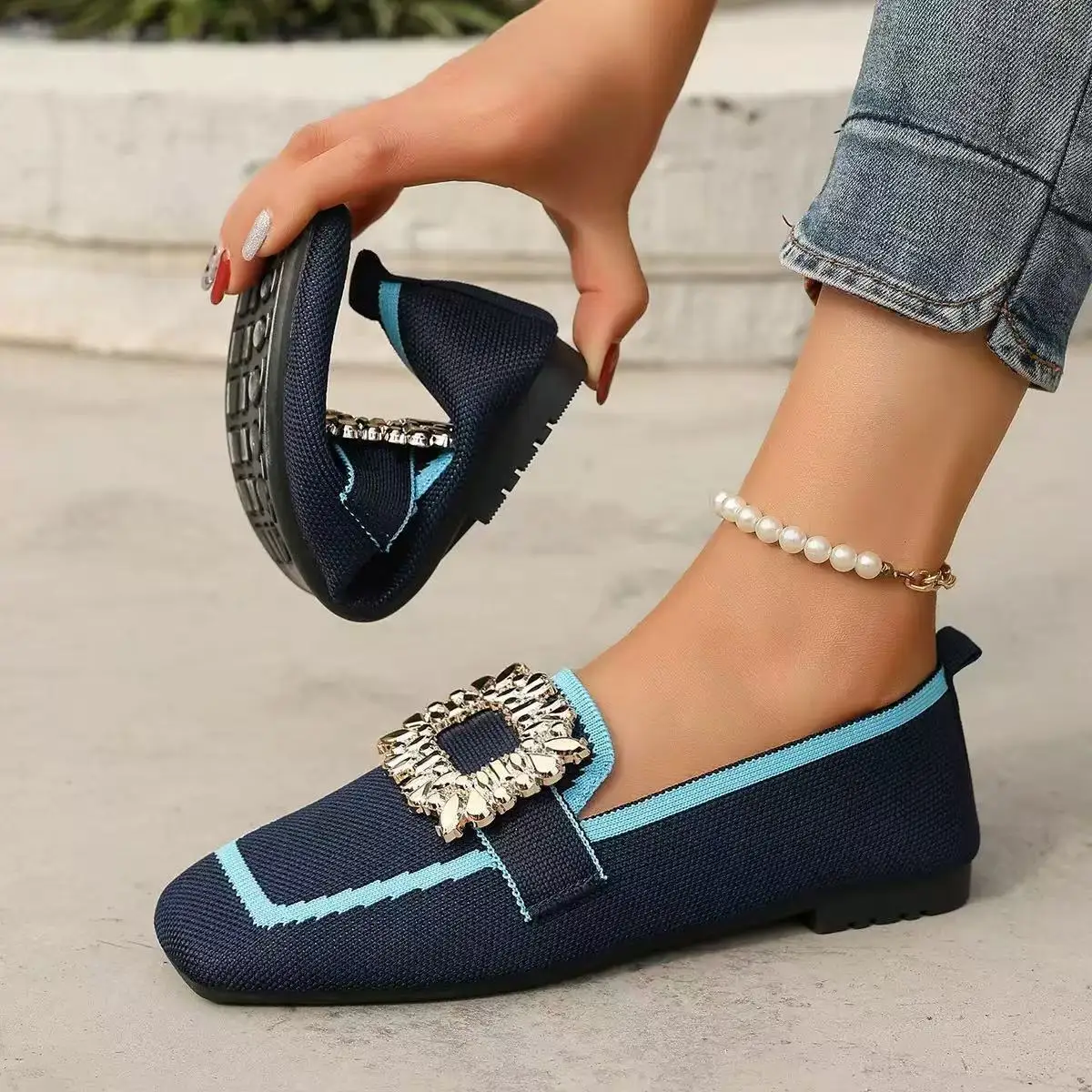 Spring Women's Flat Shoes New Knitting Sock Sneakers Breathable Slip on Female Loafers Plus Size 36-43 Fashion Buckle Flat Shoe view 5