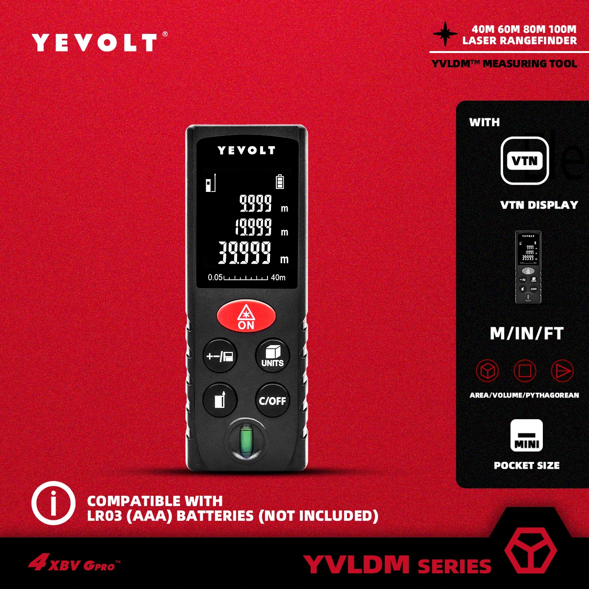 YEVOLT D Series Laser Distance Meter 40/60/80/100M Rangefinder Digital Tape Measure Tools With Backlit Area/Volume/Pythagorean