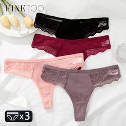 FINETOO-ropa interior de algodón para mujer, tangas de encaje de Color sólido, bragas de Bikini de cintura baja, lencería transpirable, 3 piezas