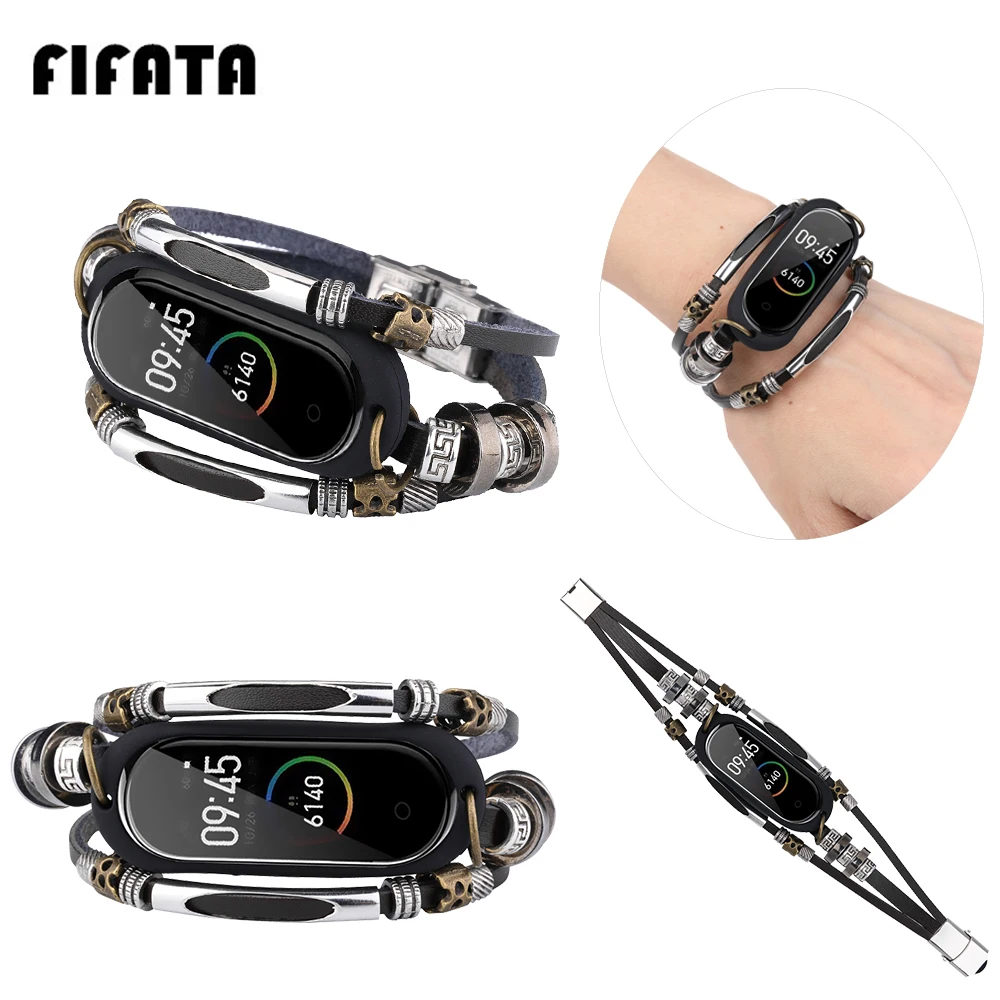 FIFATA For Xiaomi Mi Band 8 7 6 5 Smart Watch Alloy Leather Replacement Wristband For Mi Band 8 6 4 3 Smart Bracelet Watch Band