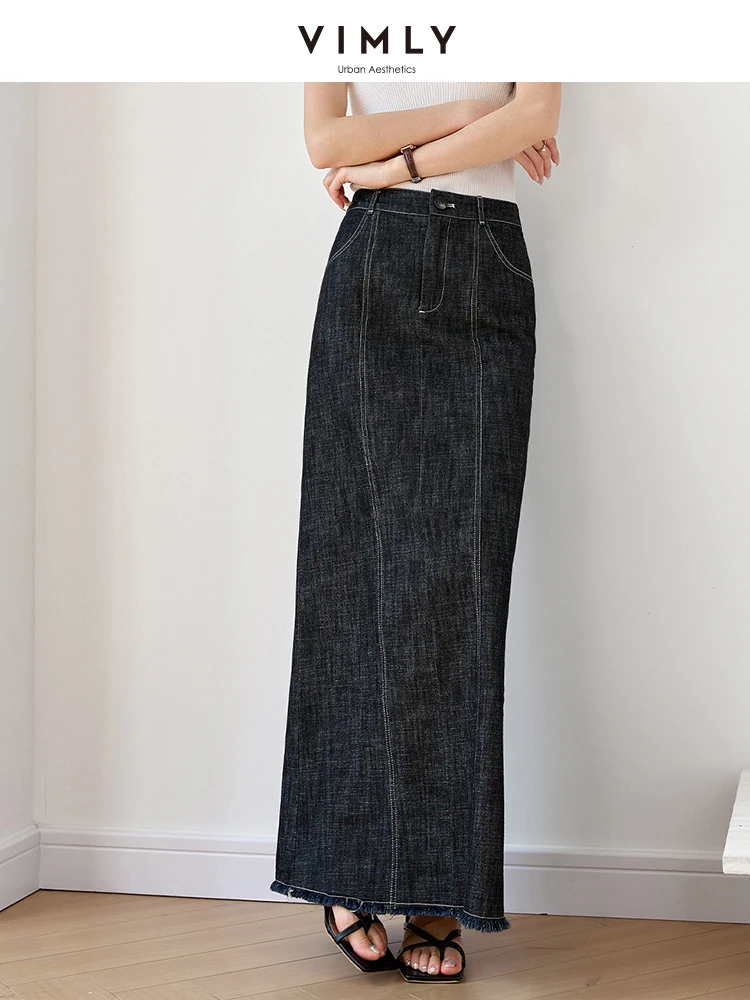 VIMLY Women's Simple High Waist Long Versatile Casual Denim Skirt 2025 Summer Commuting A-line Chic Skirt Elegant Party Skirts
