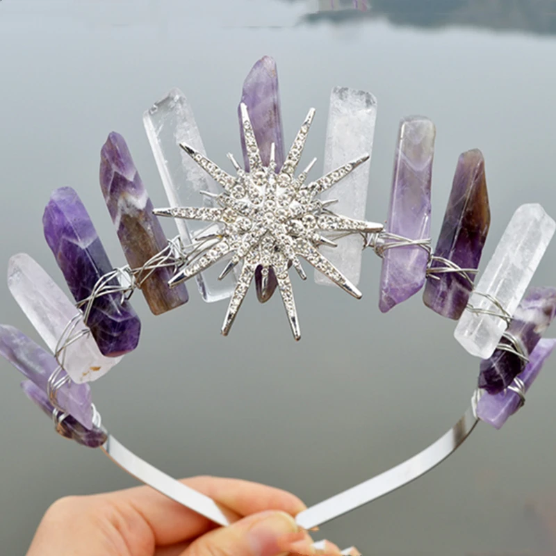 太陽女神ヘアアクセサリー手作りクラウンティアラ花嫁のための天然クリスタルヘッドバンドジュエリーパーティーギフト卸売女性帽子