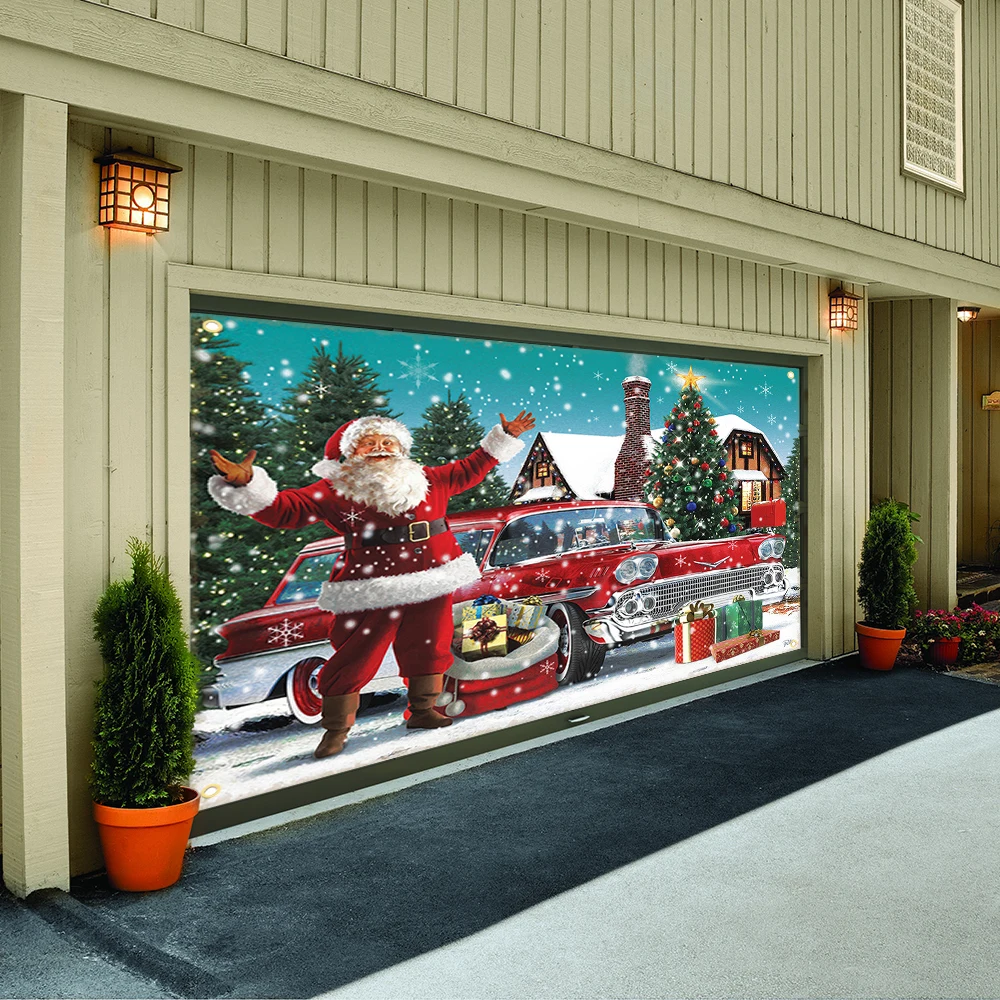 Christmas Flag Santa Claus And Vintage Truck Holiday Banner Outdoor Christmas Decor Garage Door Cover Wall Hanging Tapestry