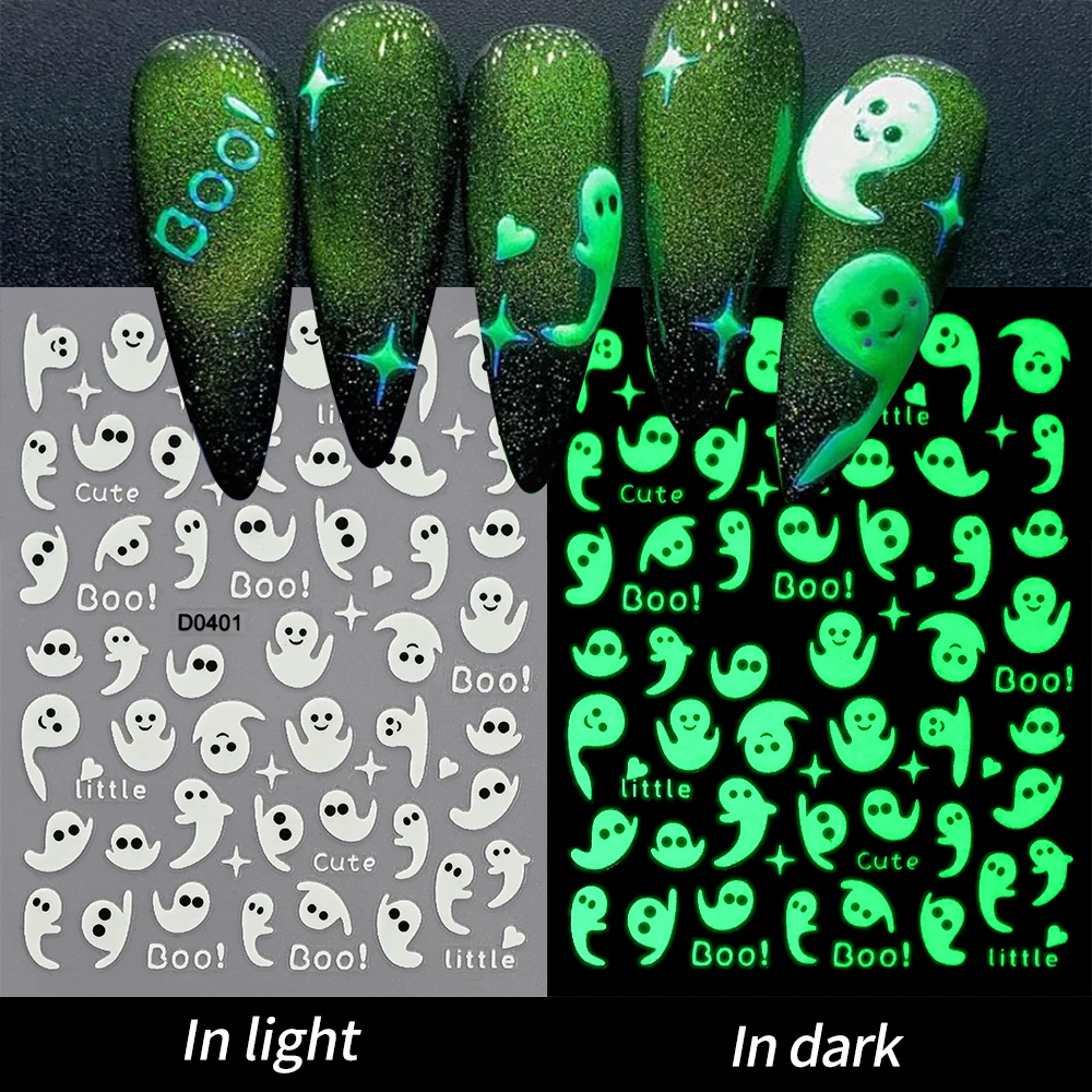 1 pçs 3d luminoso fantasma halloween adesivos de unhas bonito crânio aranha brilho no escuro decalques de unhas adesivo halloween decoração da arte do prego
