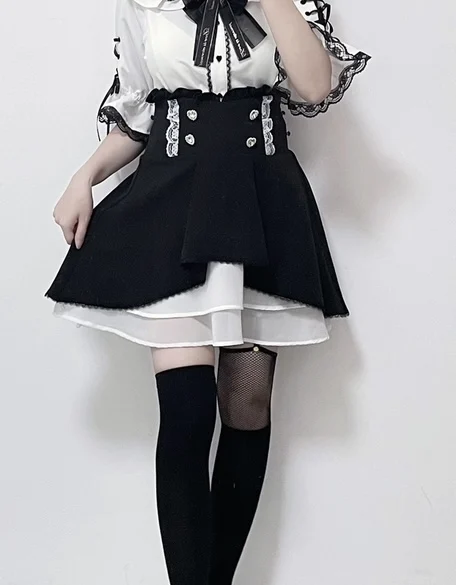 Japanese Mine Style Sweet Lolita Love Heart Drill Buckle Double Brewed High Waist A-Line Y2K Black Pleated Mini Skirts Women