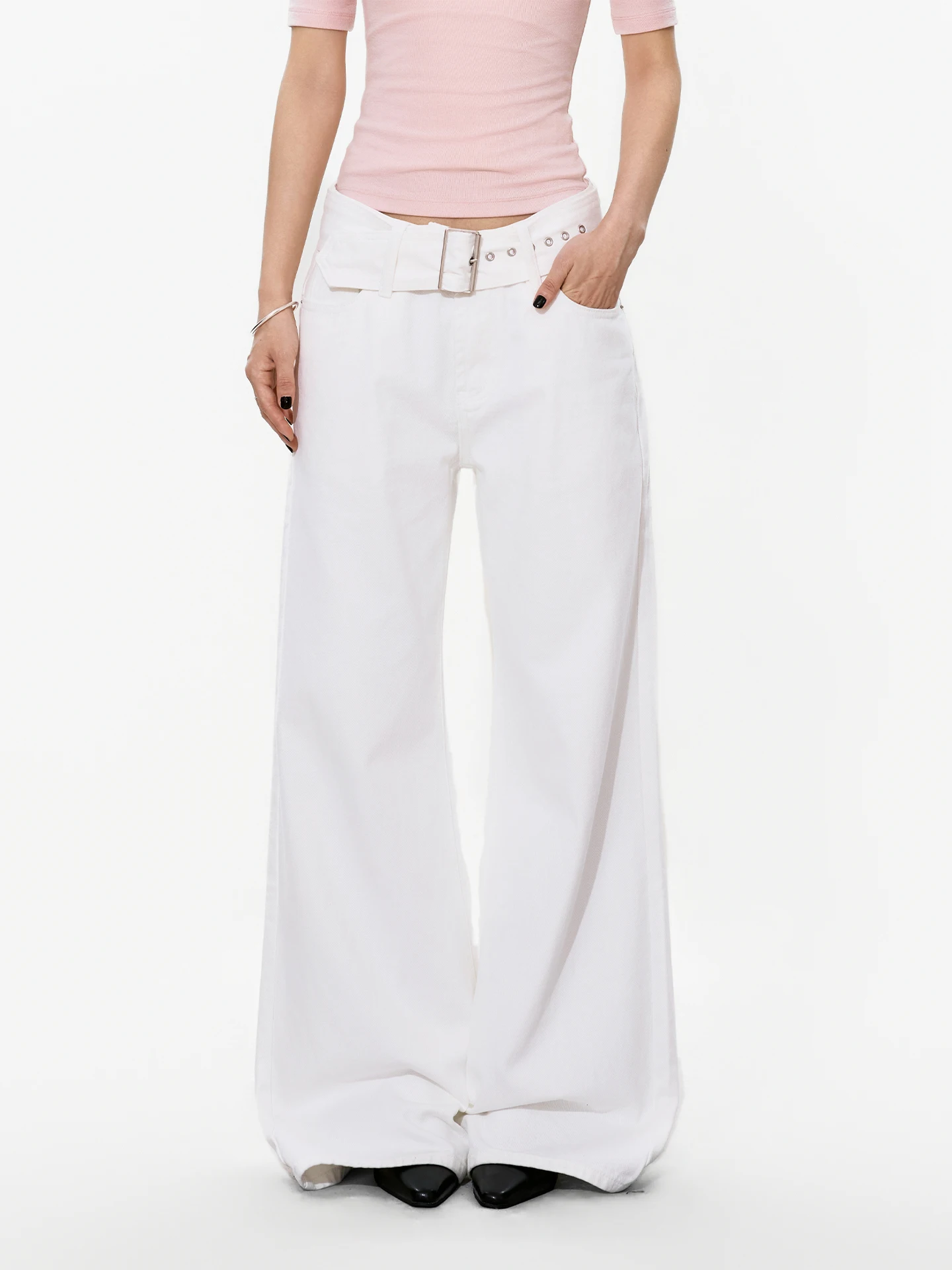 

Женские модные универсальные джинсы с низкой талией, белым поясом и прямым кроем, оригинальный дизайн S3T5, новинка 2026 года