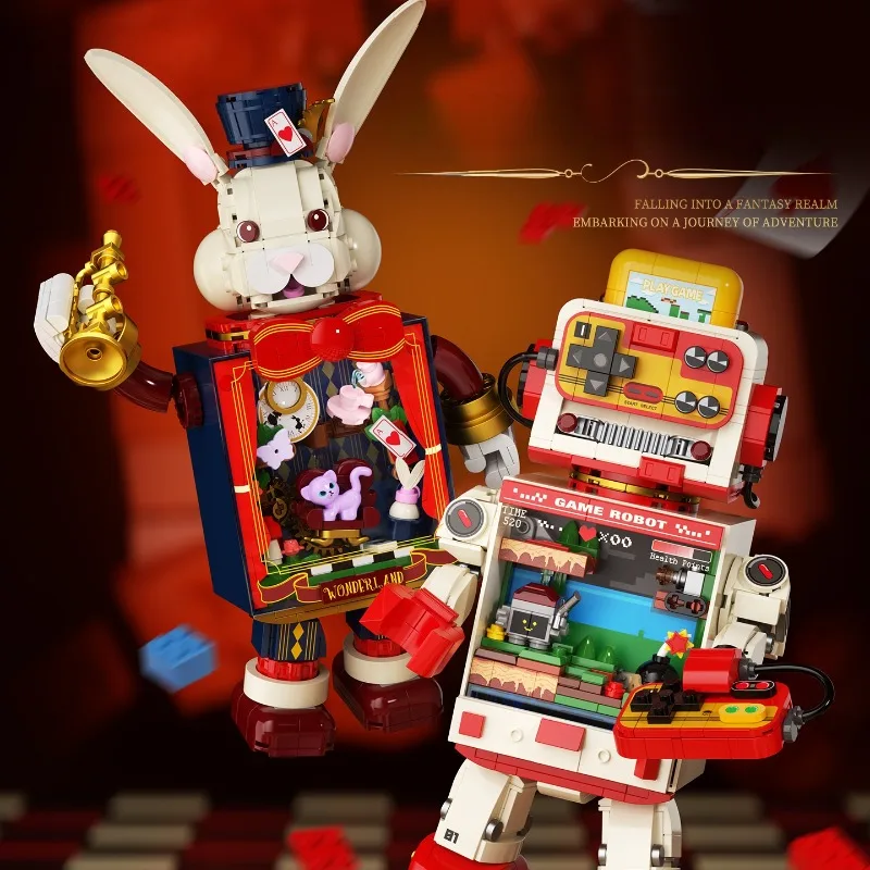 

Music Box Building Block Arcade Game Master Mr Rabbit Model Ornament Clockwork Active Small Granule Assemble Toy Collection Gift