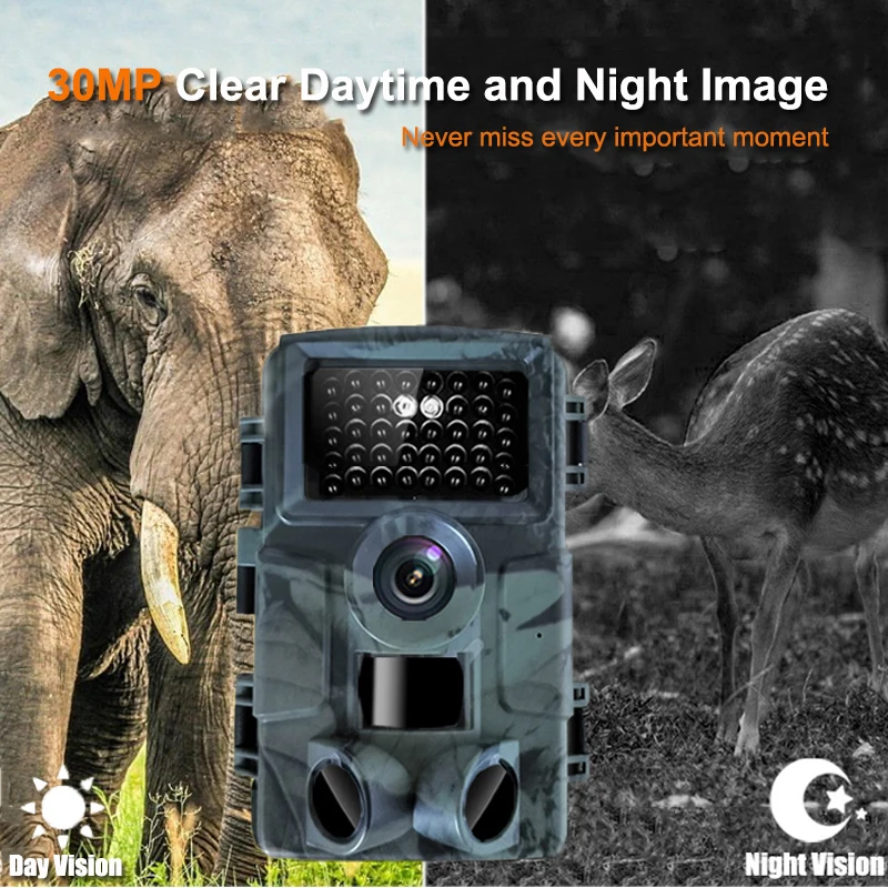 Trail Camera 30MP 4K 1080P Wildlife Game Monitoring Waterproof IP66 No Glow Night Vision Outdoor Hunting Cam