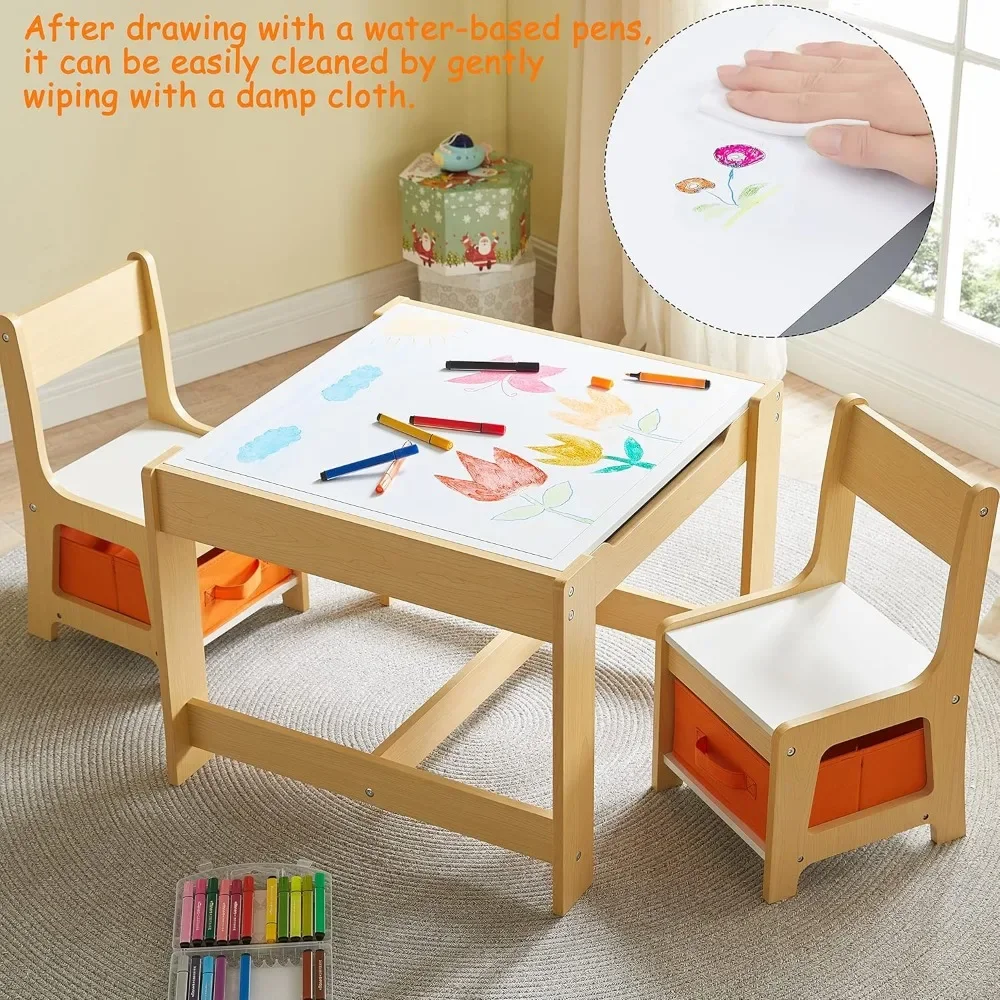 Kids Table and Chair Set, 3 in 1 Wooden Activity Table with Storage Drawer for Toddlers Drawing, Reading, Crafts, Play, 2 in 1